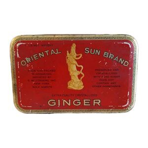 Vintage Oriental Sun Brand Crystalized Ginger Red Tin Box Advertising  Kitchen